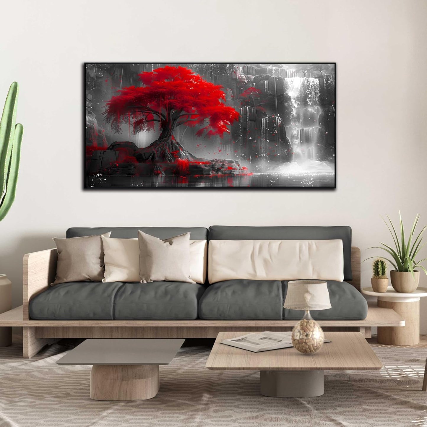 Tree Wall Art for Living Room, Waterfall Wall-Decor for Bedroom, Black White and Red Canvas Print, Large Size 29x59 Inches Framed
