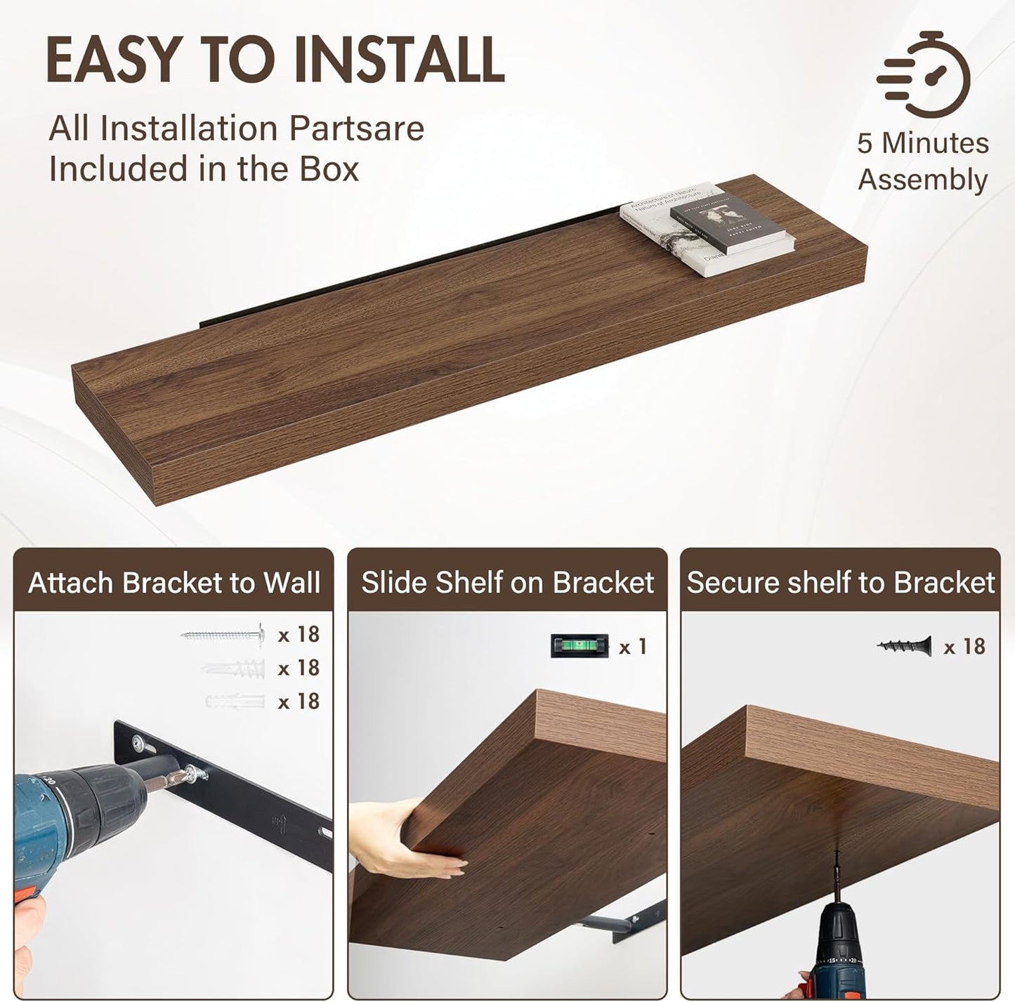 48 Inch Floating Shelves, 12" Deep Floating Shelf Wall Mounted, 48" Wall Shelves, Rustic Deep Bookshelf, Extra Deeper & Thicker Display Shelves for Bedroom, Living Room, Walnut, Set of 2