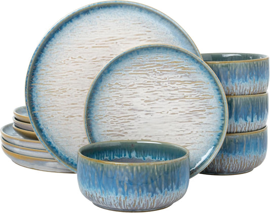 Joseph Sedgh Collection “Talia” 12-piece Stoneware Dinnerware Set with Reactive Glaze Finish, Service for 4, Blue Reactive Glaze