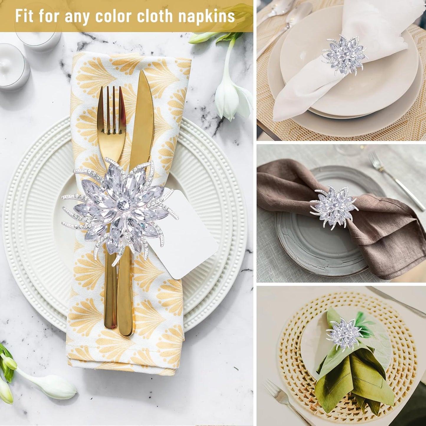 Legigo Set of 8 Christmas Lotus Flower Napkin Rings Set for Dinning Table Setting- Silver Rhinestone Xmas Winter Napkin Ring Holders for Cloth Napkins, Christmas Holiday Party Dinner Table Decoration