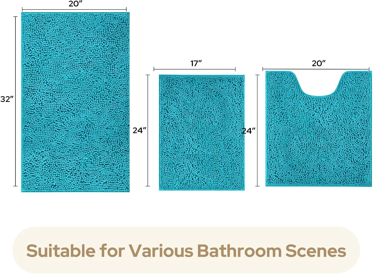 HOMEIDEAS 3 Pieces Bathroom Rugs, Ultra Soft Non Slip Absorbent Chenille Toilet Bath Mat Set (Teal Blue,17"x24"+20"x32"+U Shape 20"x24")
