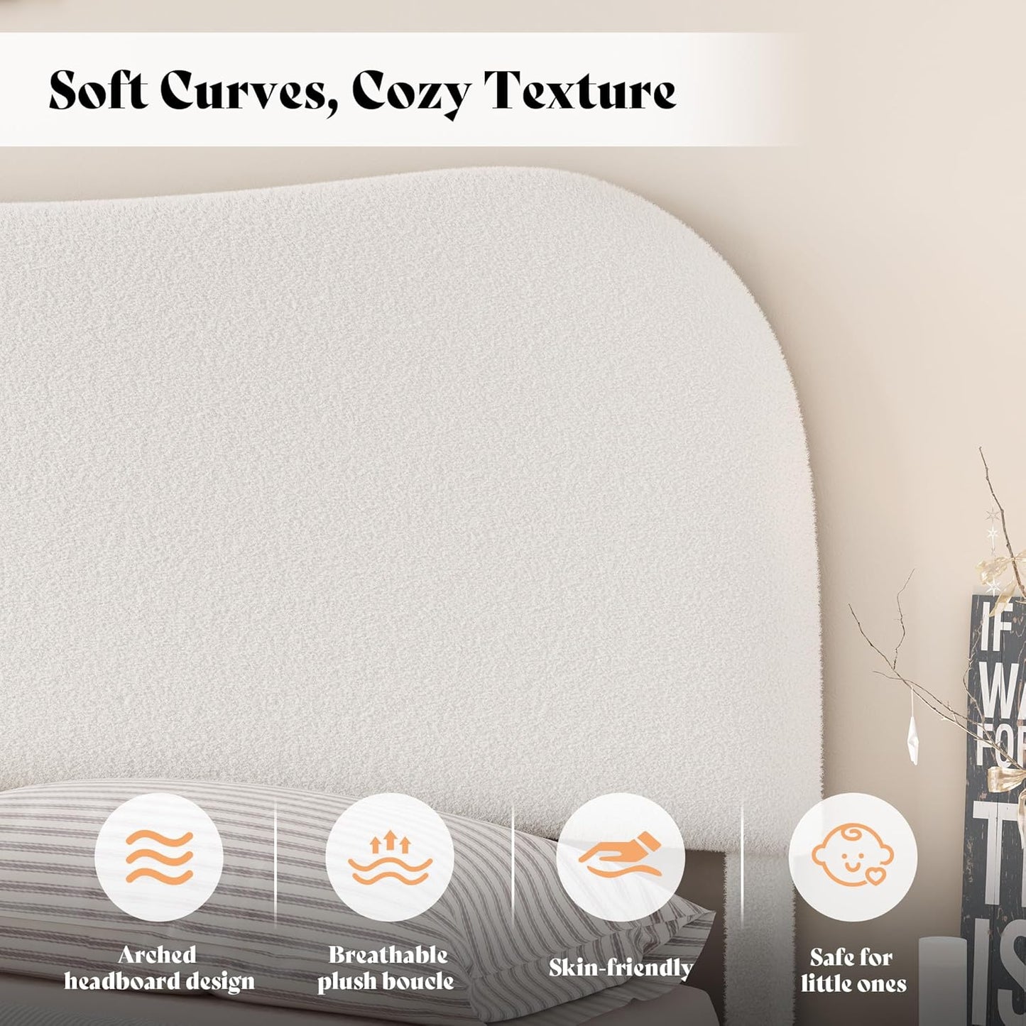 AMERLIFE Queen Size Upholstered Boucle Bed Frame, Soft Cloud Platform Bed with Adjustable Headboard, Modern Design, Rounded Corners, Rubberwood Legs, No Box Spring Needed, Easy Assembly, Cream