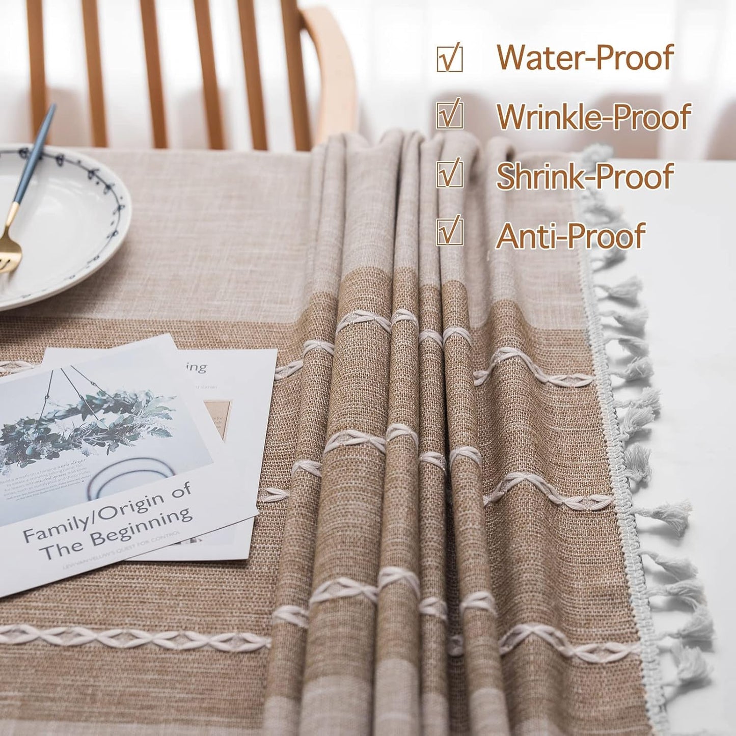 JIALE Tablecloths for Rectangle Tables, Cotton Linen Table Cloth Waterproof Tablecloth Wrinkle Free Farmhouse Dining Tables Cover, Soft Fabric Table Cloths with Tassels, Brown, 55" X 86", 6-8 Seats