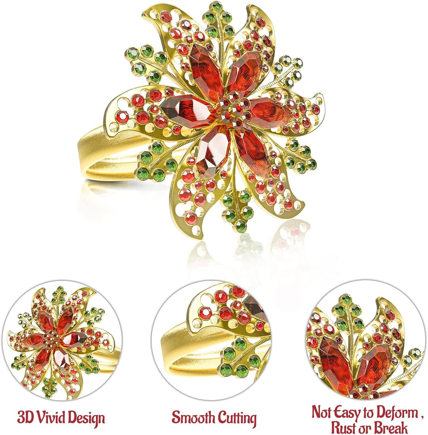 Legigo Set of 12 Christmas Flower Napkin Rings Set- Metal Xmas Napkin Ring Holders for Cloth Napkins, Christmas Holiday Party Dinner Table Decoration