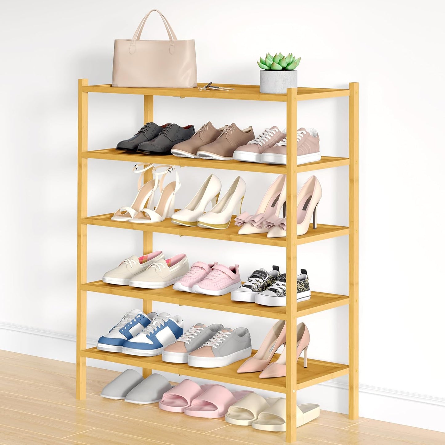 Smiry Bamboo Shoe Rack, 5 Tier Shoe Organizer for Entryway & Closet, Stackable Free Standing Storage Shelf for Shoes, Bags & Plants, Natural
