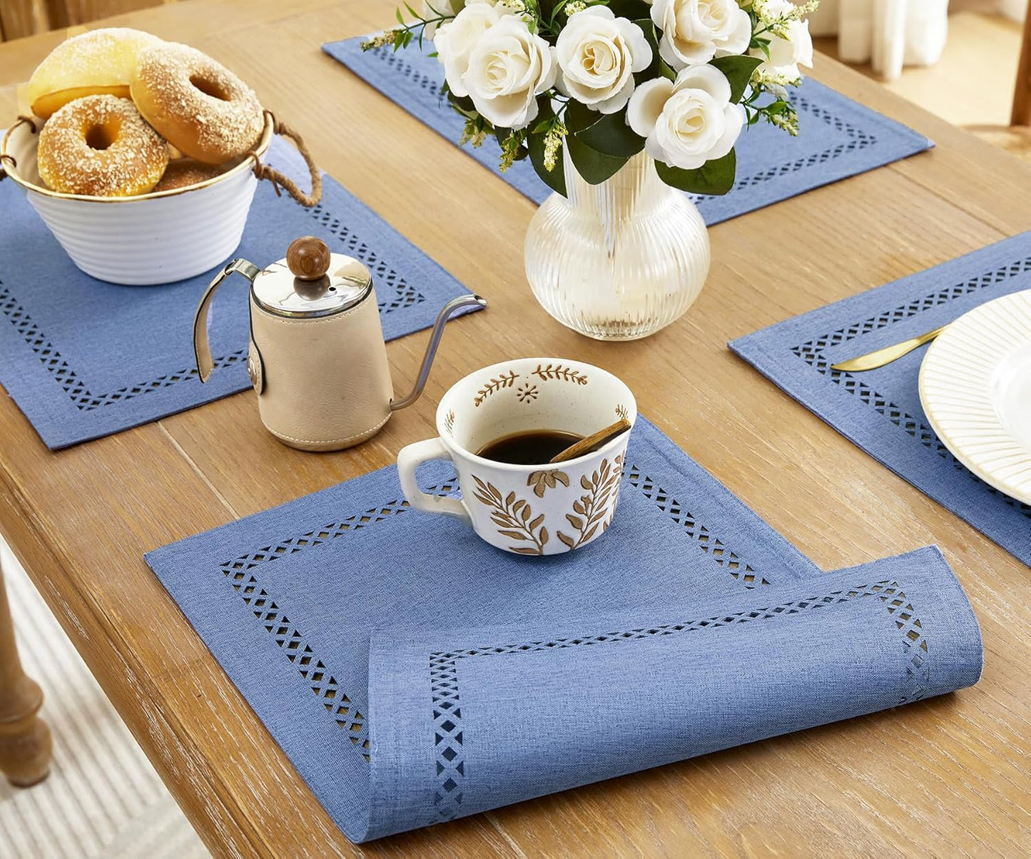 Burlap Placemats Set of 4, 12 x 18 Inch Rustic Geometric Hollow Place Mats, Heat Resistant Placemats for Farmhouse Kitchen Table Decor, Blue 4PCS