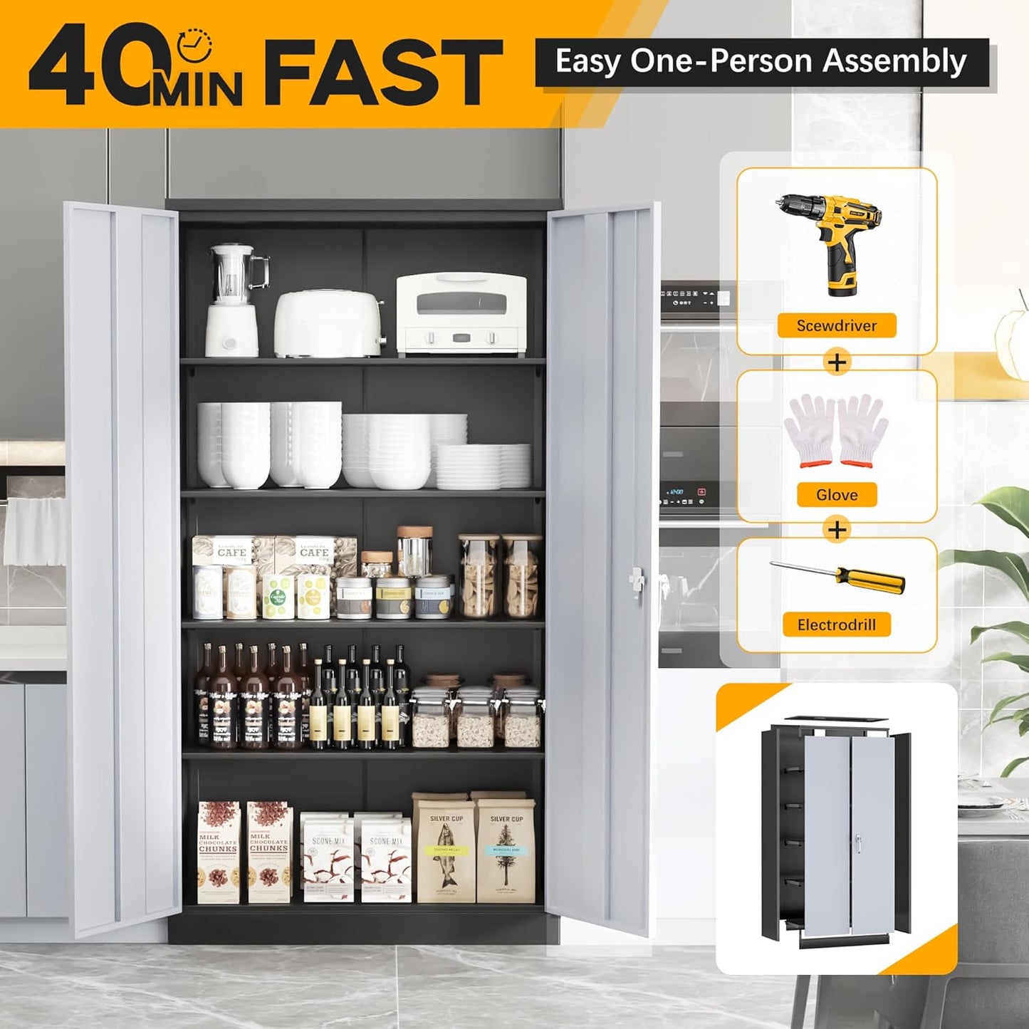 Greenvelly Metal Garage Storage Cabinet with 2 Doors and 4 Adjustable Shelves, 72”H Steel Lockable Storage Cabinet,Tall Metal Cabinet Locking File Cabinet for Office,Home, Garage, Gym, School