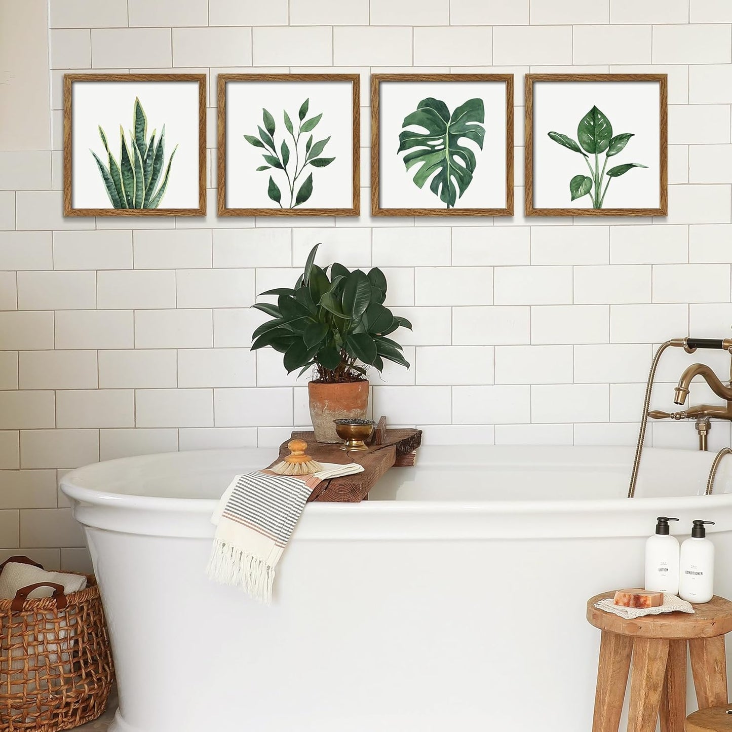 ArtbyHannah Framed Bathroom Wall Decor, 10x10 Inch Botanical Wall Art with Sage Green Plant Print for Wall Decoration, Minimalist Restroom Decor (Walnut)