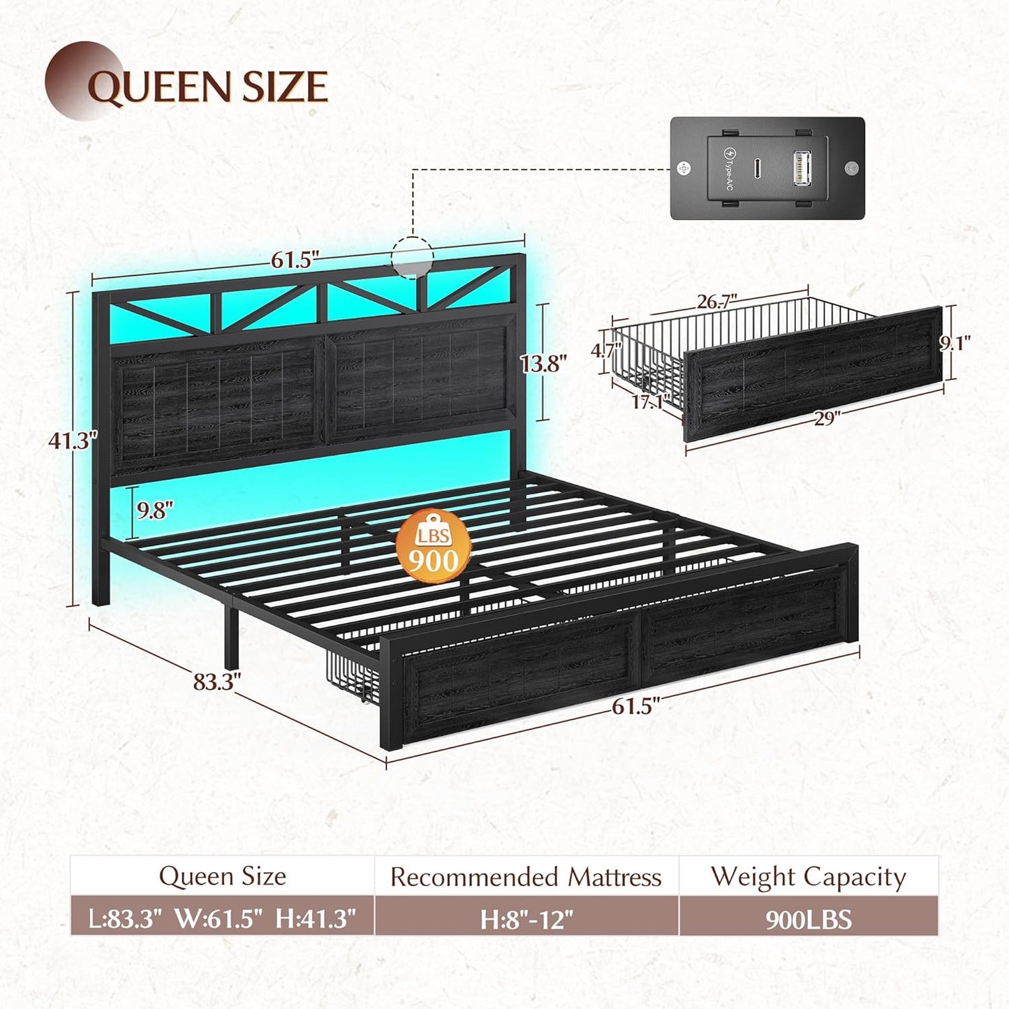 EnHomee Metal Queen Bed Frame with 2 Storage Drawers and Headboard Built in Charging Station & LED Light,NO Noise,No Box Spring Needed,Black