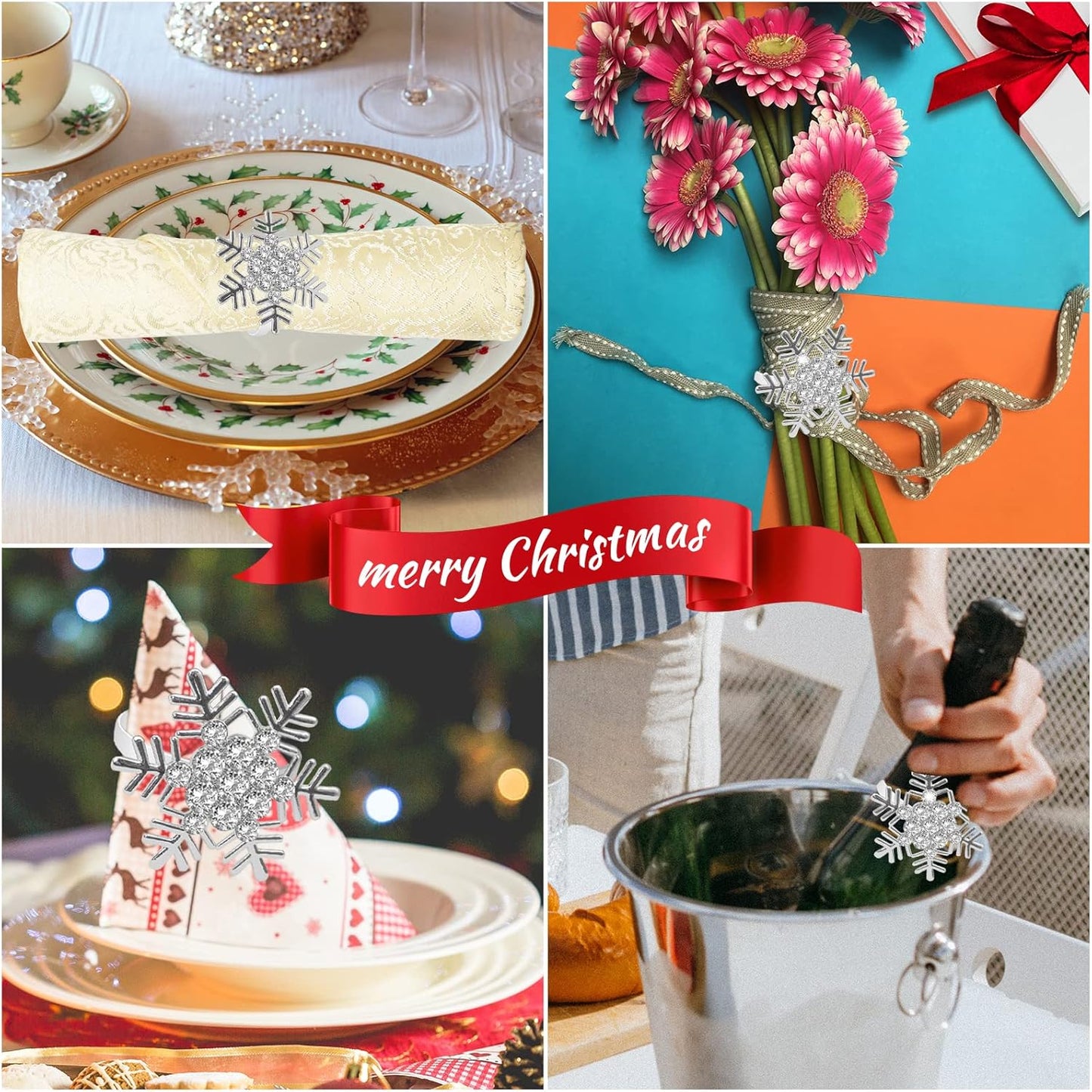Legigo 6 Pcs Christmas Napkin Rings- Sliver Diamond Snowflake Napkin Holder Rings Dinner Tables Rings for Xmas Winter Holiday Place Setting, Dinner Parties, Weddings, Family Gatherings