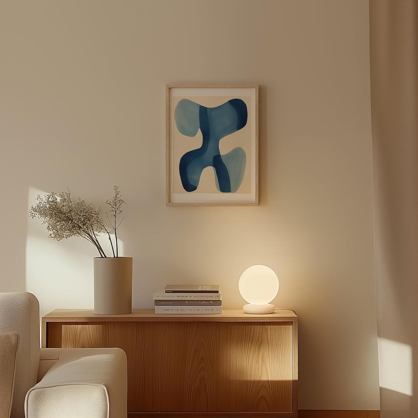 HAUS AND HUES Modern Abstract Wall Art - Blue and Green Living Room Art, Modern Artwork for Walls, Minimalist Picture for Living Room(Blue Shapes, Beige Frame, 12x16)