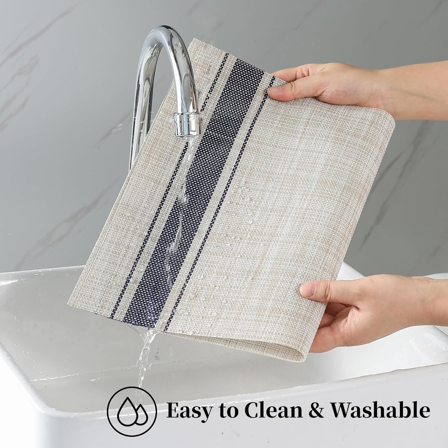 Leetaltree Khaki-Blue Placemats, Heat Resistant Non-Slip Place mats for Dining Table, Washable Durable PVC Vinyl Woven Table Mats (Set of 4)