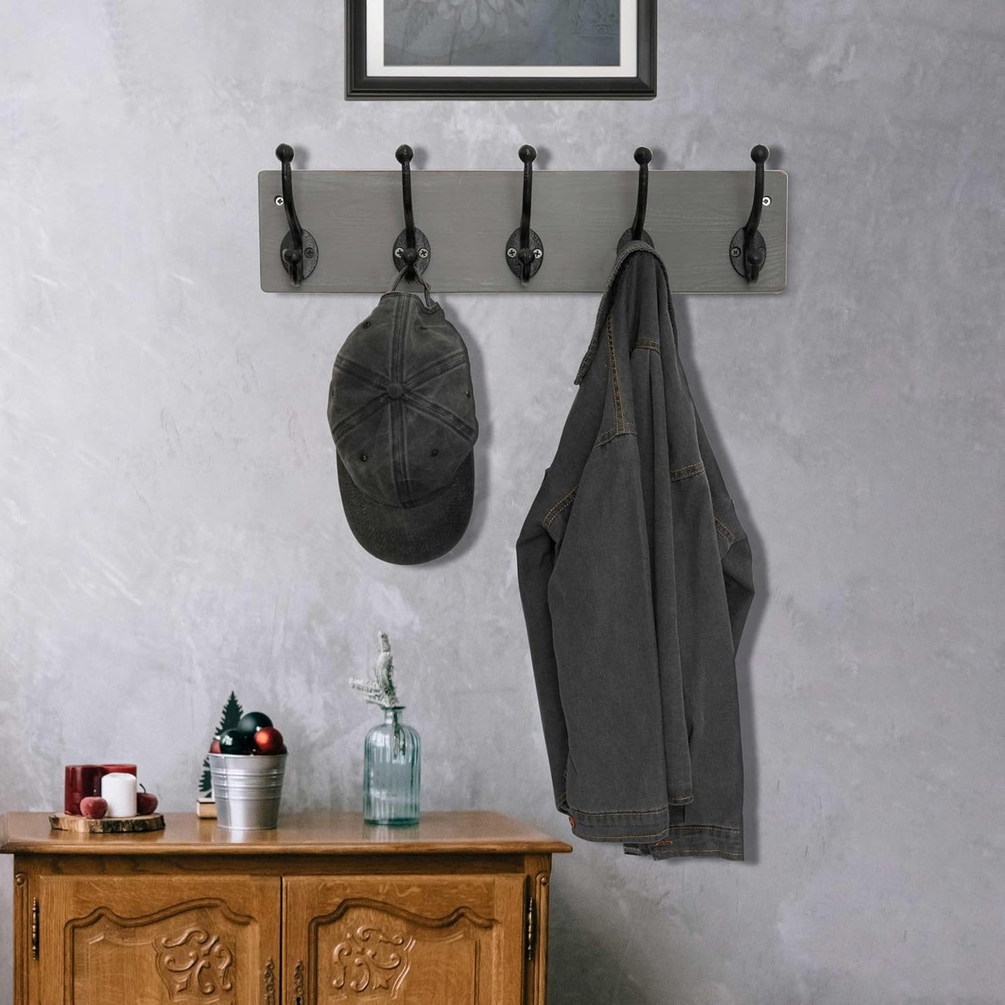 WEBI Rustic Coat Rack Wall Mount,5 Cast Iron Coat Hooks Wall Mounted,Heavy Duty Wall Coat Hanger Hooks for Hanging Coats,Clothes,Grey,2 Packs