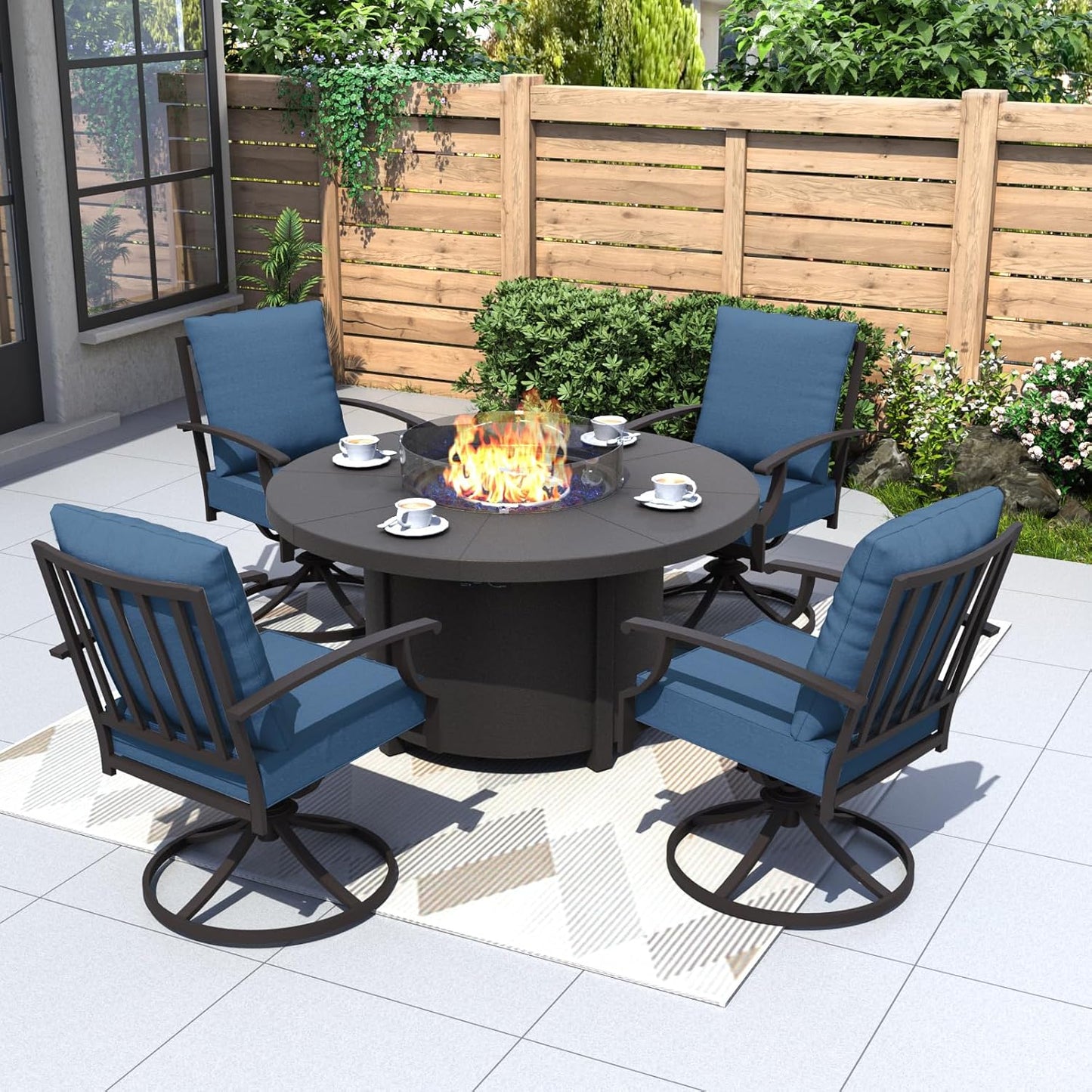 Kurapika 5 Piece Metal Outdoor Patio Furniture Set with Round Fire Pit Table, Patio Conversation Sets 4 Swivel Chairs with Thick Cushion and 40000 BTU Fire Pit Table, Navy Blue