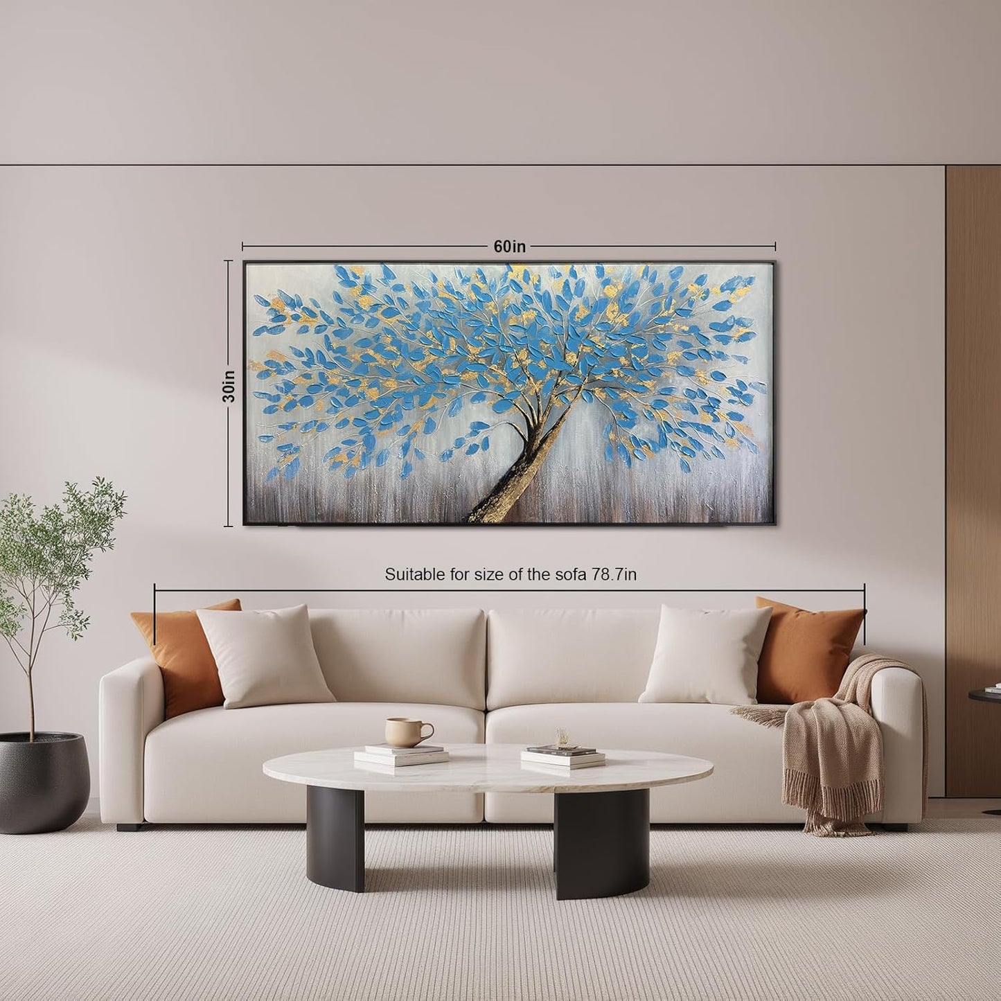 Tree of Life Large Abstract Vintage Blue Framed Canvas Wall Art, Modern Abstract Textured Painting, Large Framed Panoramic Landscape Artwork for Living Room, Bedroom, Office, Home Decor 60"x30"