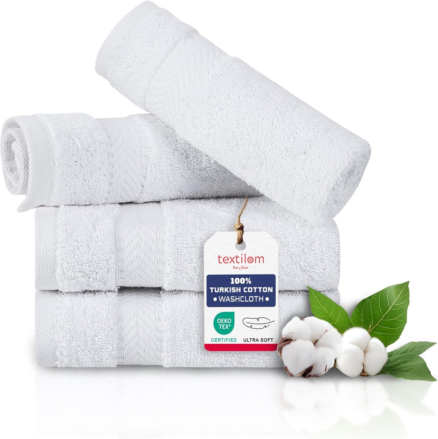 TEXTILOM Washcloths for Body and Face – Hotel and Spa Quality & Soft & Absorbent & Quick Dry Wash Cloths for Your Body – 100% Turkish Cotton Wash Clothes Towel Set of 4 (13 x 13 inches) - White