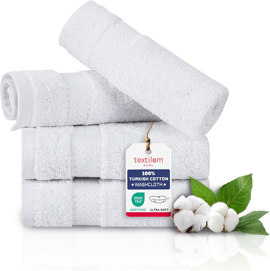 TEXTILOM Washcloths for Body and Face – Hotel and Spa Quality & Soft & Absorbent & Quick Dry Wash Cloths for Your Body – 100% Turkish Cotton Wash Clothes Towel Set of 4 (13 x 13 inches) - White