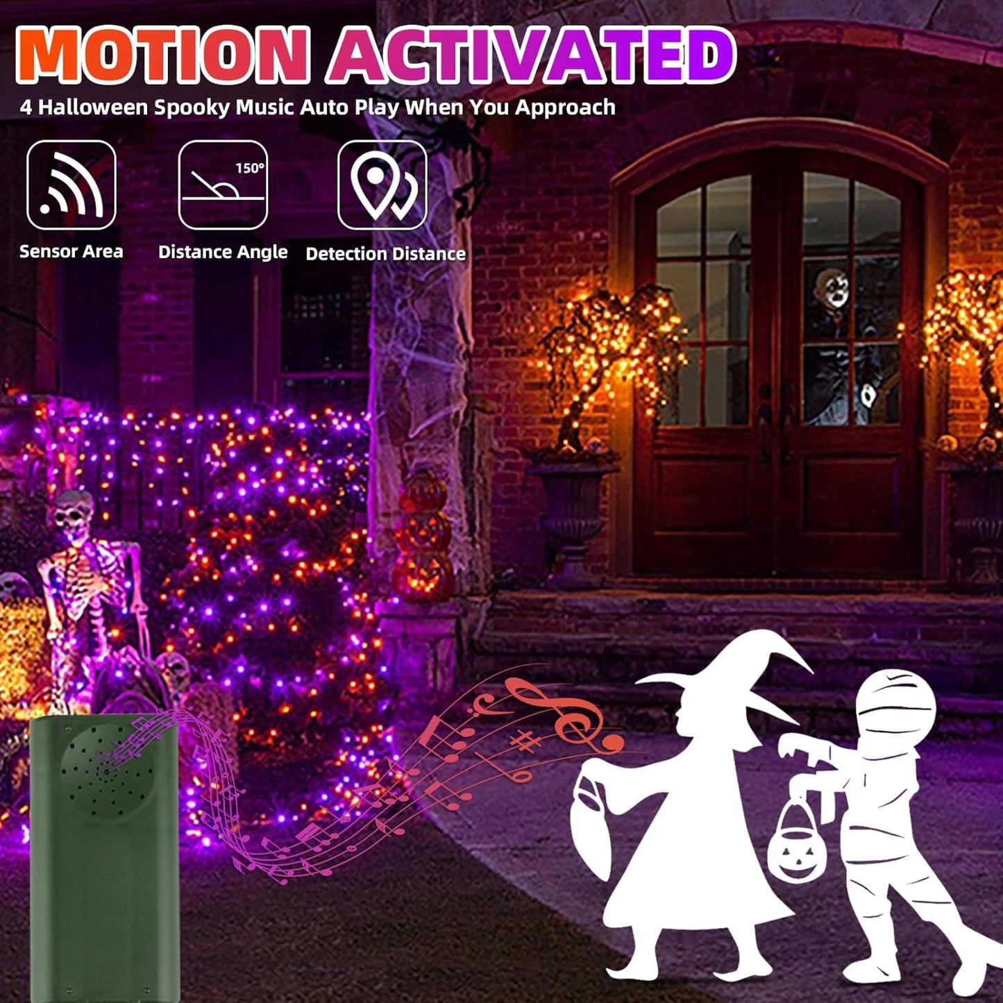 Halloween Lights 33ft 100 LED Battery String Lights with Motion Sensor Spooky Music or Battery Powered Orange & Purple 2 Colors in 1 Waterproof Halloween Outdoor Decor（Purple,Orange）