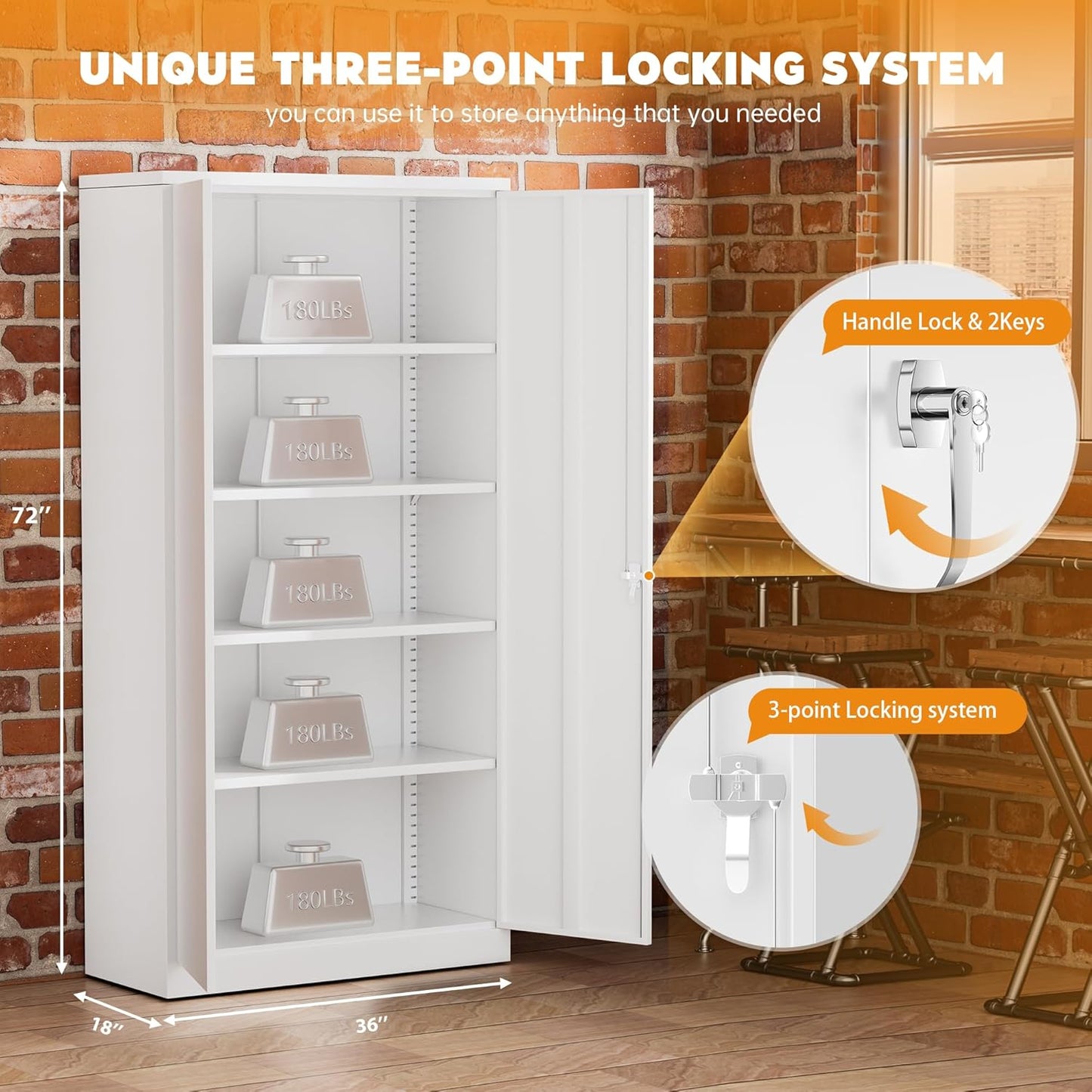 Greenvelly White Metal Cabinet, 72" H Steel Lockable Metal Storage Cabinet with 2 Doors and Adjustable Shelves,Tall Tool Organizer for Office,Home, Garage, Gym, School