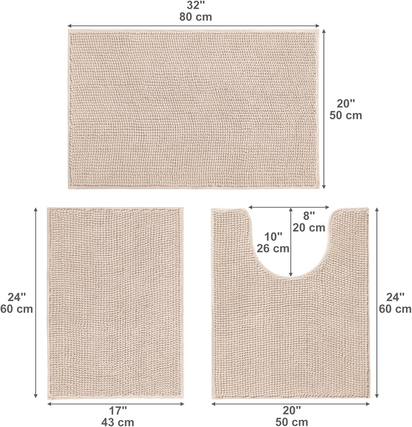 Urvoix Bathroom Rugs Sets 3 Piece, Non-Slip Chenille Bath Rug - Ultra Soft, Washable, Super Absorbent Bath Mat for Bathroom, Toilet and Tub (Cream)
