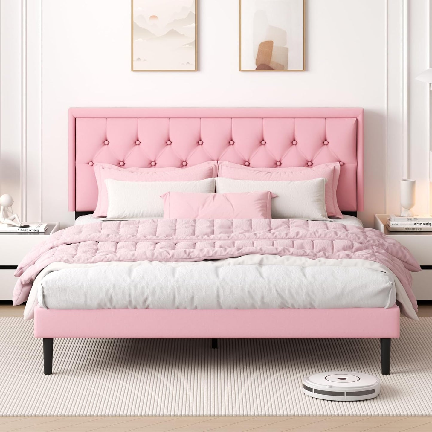 King Size Platform Bed Frame with Upholstered Velvet Button Tufted Headboard, Mattress Foundation with Wooden Slat Support, No Box Spring Needed, Easy Assembly, Noise Free, Pink
