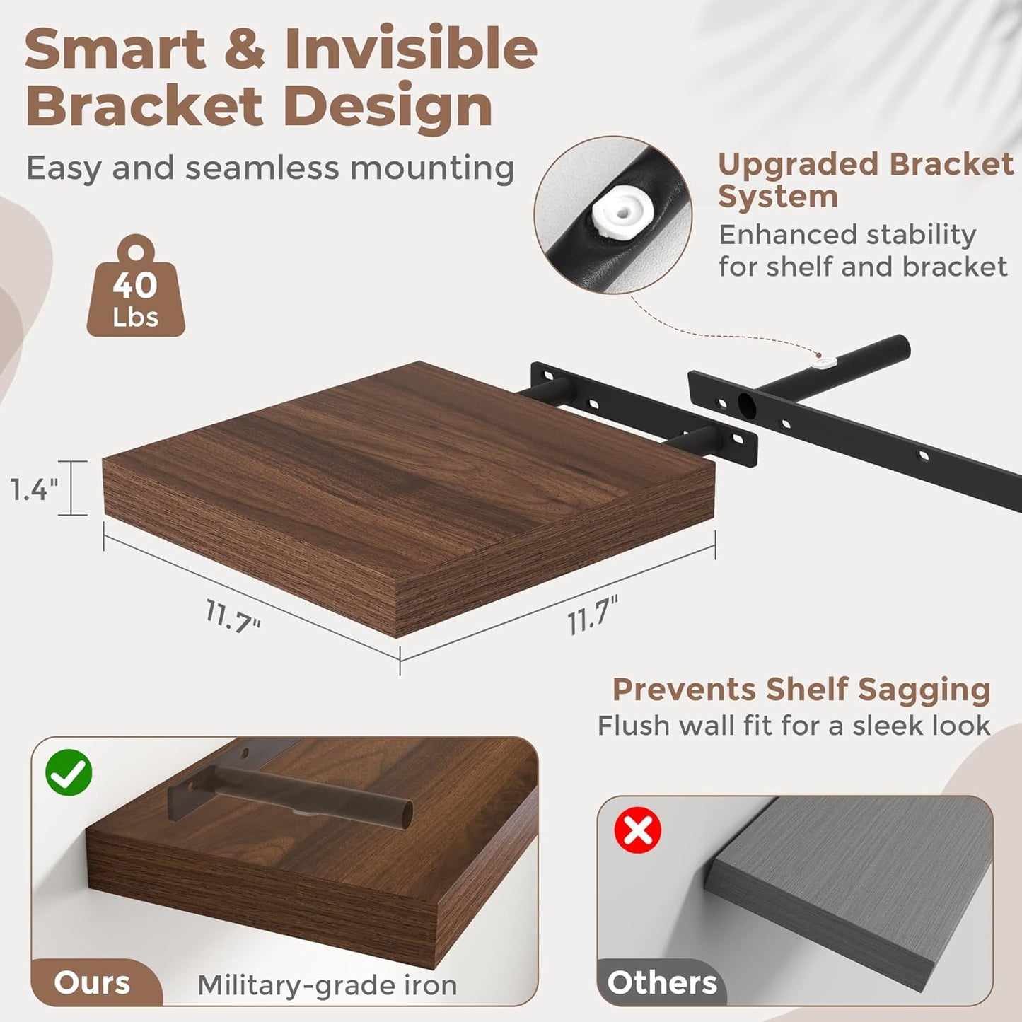 Floating Shelves for Wall with Invisible Brackets, Wall Mounted Engineered Wood Shelves with Wood Grain for Living Room, Bedroom, Bathroom, Kitchen Decor and Storage, Oak, 12"L Set of 3, Walnut