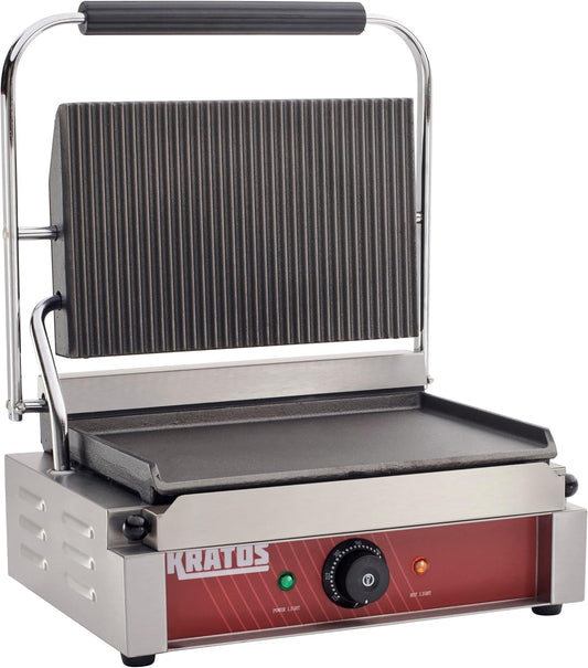 Kratos Commercial Electric Panini Sandwich Grill with Grooved Top and Smooth Bottom Plates, 14" x 9" Cooking Surface, Commercial Countertop Panini Press, 120V, 1750W (29Y-022)