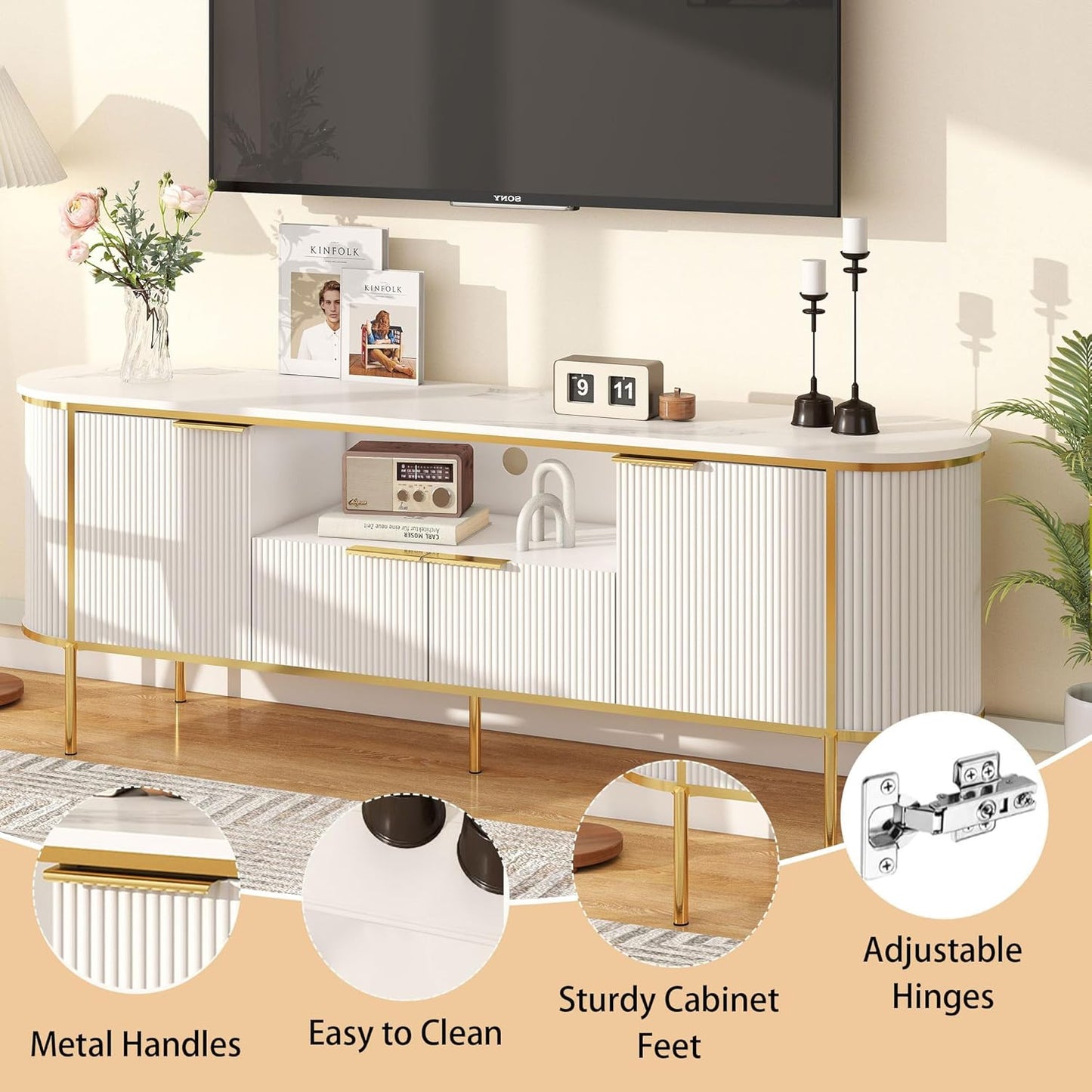 Luxury Fluted TV Stand: 70" White Entertainment Center for 80 inch TVs, TV Consoles for Living Room, Modern Media Console with Faux Marble Top (White, 70 Inch TV Stand)