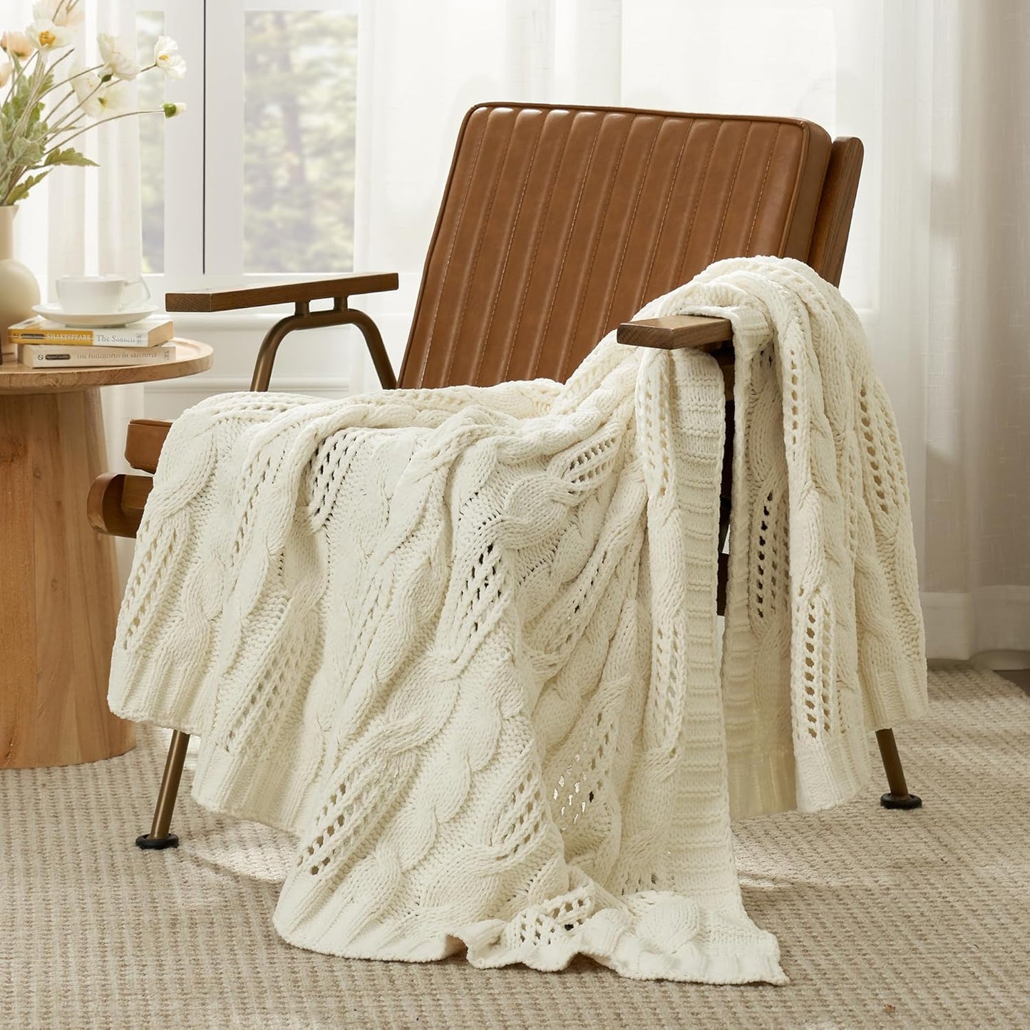 Amélie Home Chunky Knit Throw Blanket, Dual-Sided Soft Chenille Breathable Cable Knitted Blanket for Couch, Farmhouse Decorative Throw for Sofa & Chair, 60"x80", Ivory