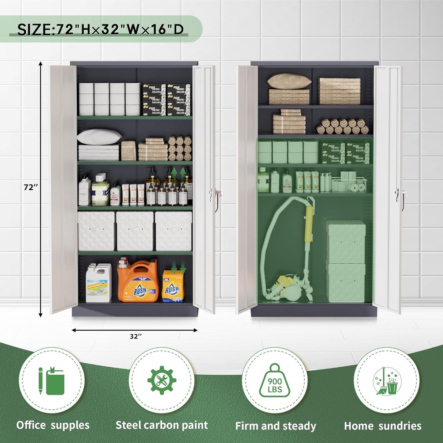 Greenvelly Metal Garage Storage Cabinet, Tall Locking Storage Cabinet with 2 Doors and 4 Adjustable Shelves, Steel Tool Cabinet, Lockable Filling Cabinet for Home, Office, Garage, School (Gray White)