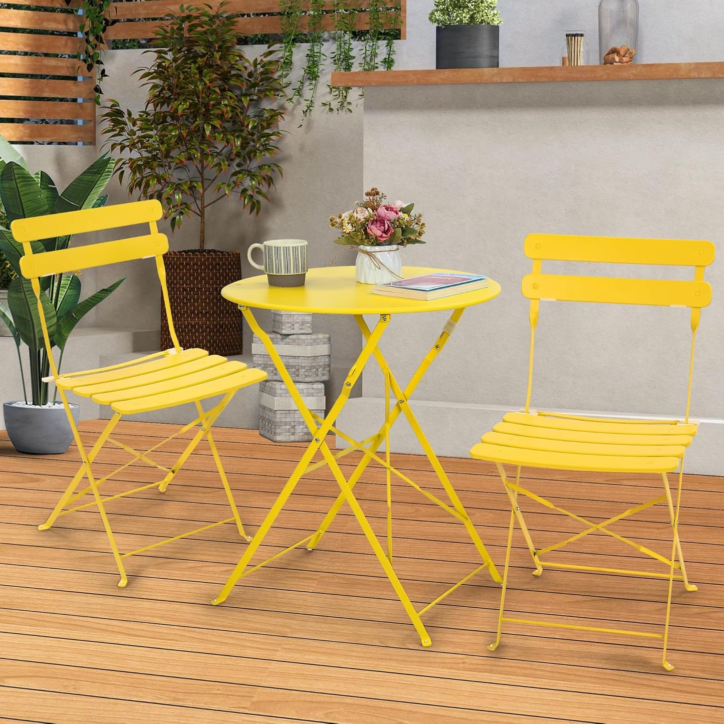 Kromax Outdoor 3 Piece Patio Bistro Set, Folding Bistro Table and 2 Folding Chairs, Patio Conversation Furniture Set, Space Saving, Yellow