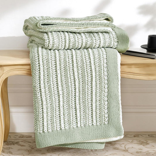 Amélie Home Striped Knit Throw Blanket for Couch, Dual-Sided Soft Chenille Decorative Blankets for Sofa & Chair, 50"x60", Sage Green & White