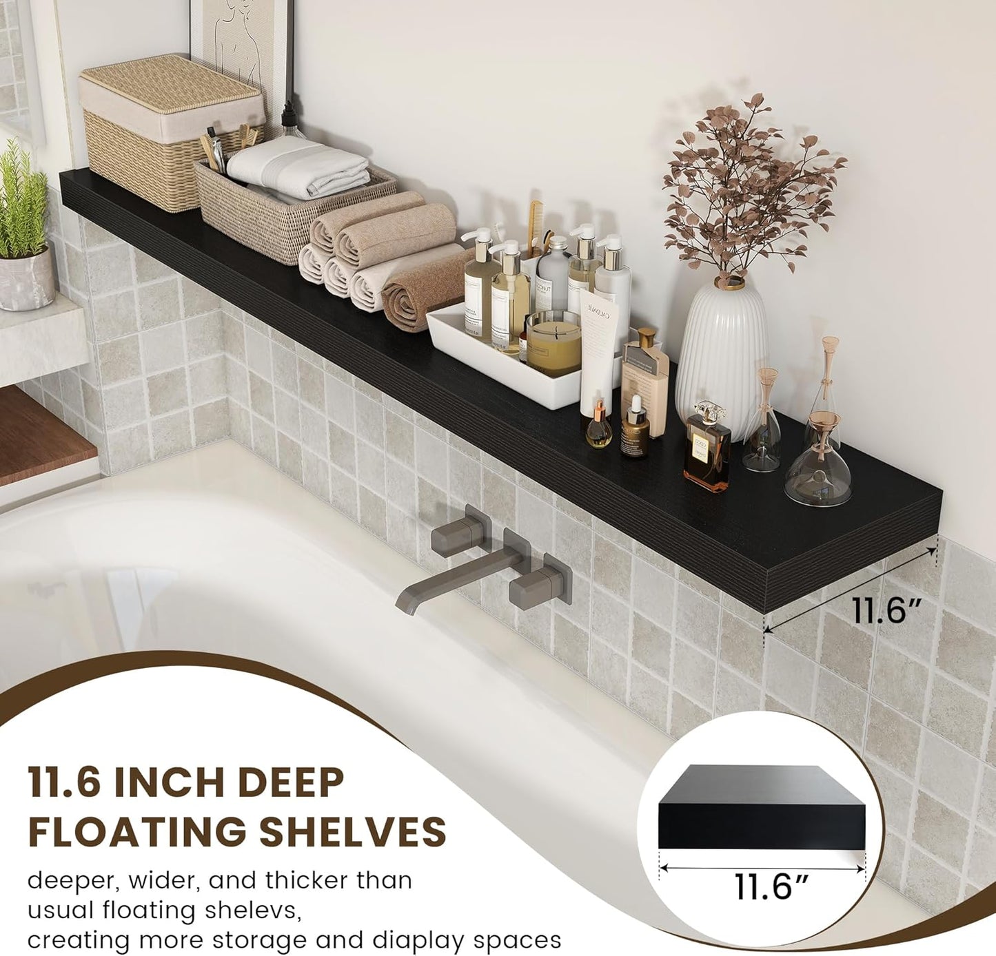 Black Floating Shelves for Wall - 72 Inch Wide x 12 Inch Deep Wall Shelves Set of 1 - Rustic Black Wood Shelves for Living Room, Bathroom, Laundry Room, Bedroom, Kitchen, Home Office