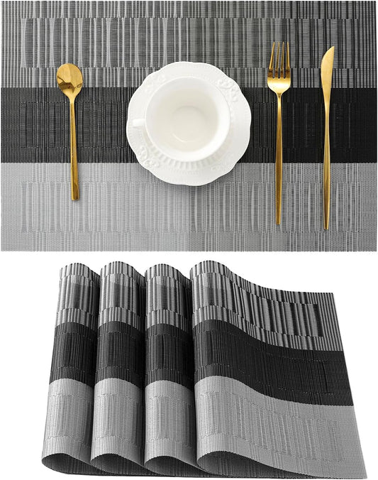 Leetaltree Grey with White Striped Placemats Set of 4 - Heat Resistant Non-Slip Place mats for Dining Table, Washable Durable PVC Vinyl Woven Table Mats（Grey Stripe, 4）