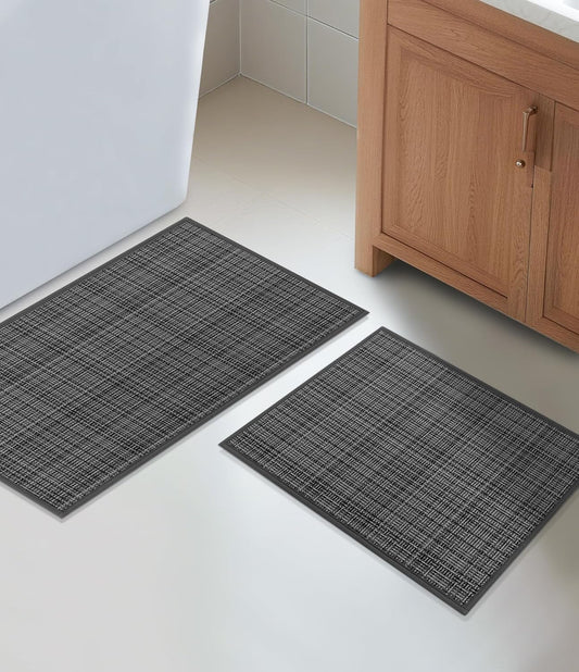 YIHOUSE Bathroom Rugs Sets 2 Pieces, Dark Grey Ultra Thin Bath Mats Fit Under Door, Absorbent Quickly Dry Rubber Backing Braided Bath Mat Set, Non Slip Washable Bath Rugs for Bathroom Floor, Grey