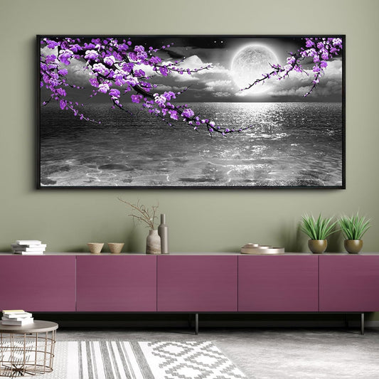 yiijeah Extra Large Paintings for Living Room - Purple Wall Decor Plum Blossom Moon Ocean Canvas Picture Framed Artwork Black and White Seascape Wall Art Home Bedroom Decoration