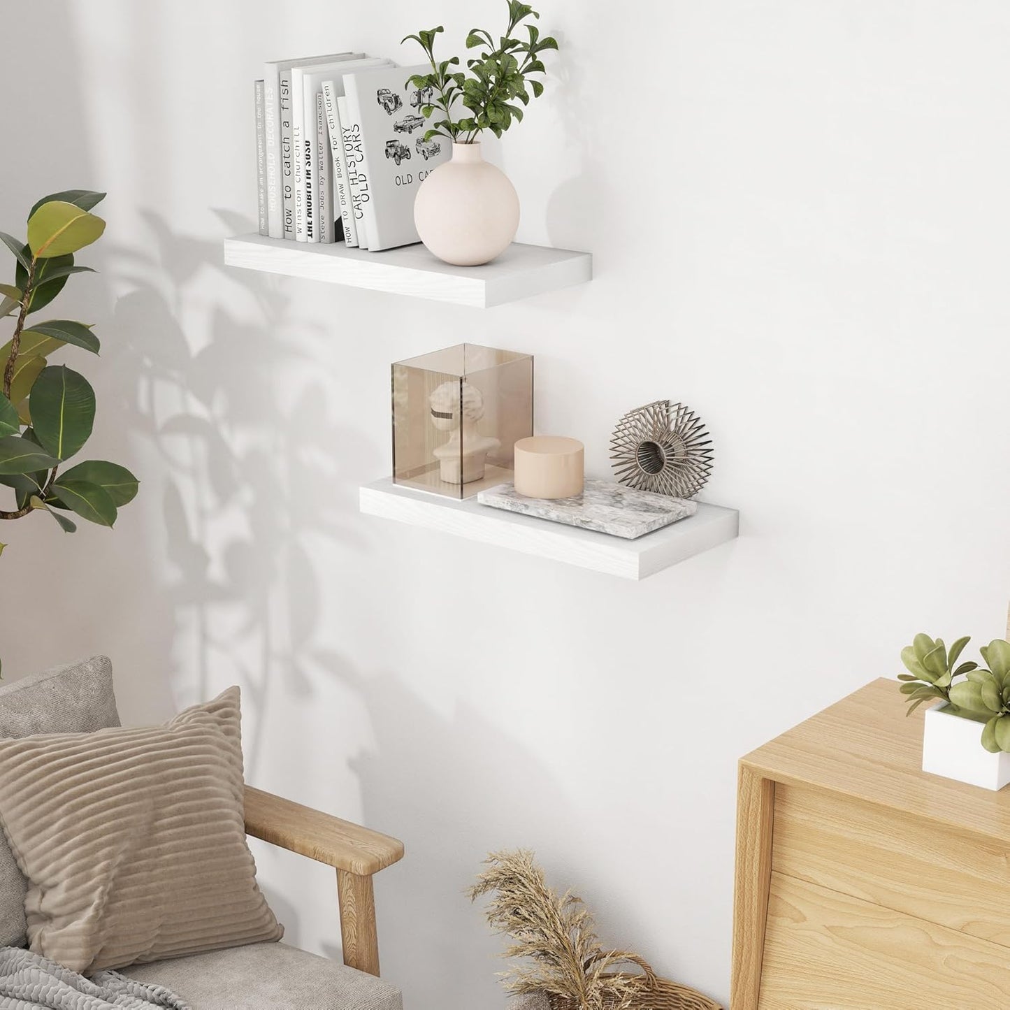 White Floating Shelves for Wall, 16 x 9.3 Wall Shelves Set of 2, Deep Bathroom Shelf with Invisible Bracket, Rustic Wood Floating Shelf for Bedroom, Living Room, Kitchen