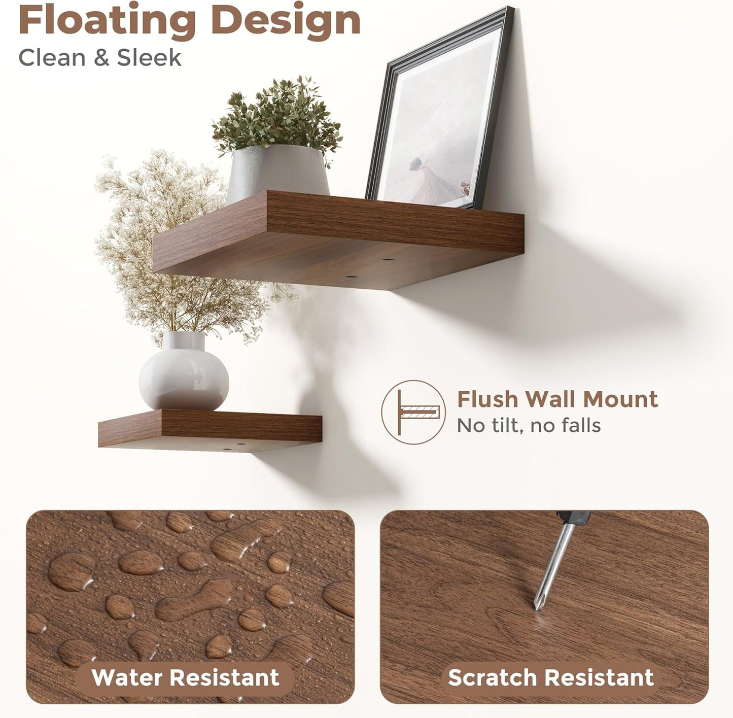 Floating Shelves for Wall with Invisible Brackets, Wall Mounted Engineered Wood Shelves with Wood Grain for Living Room, Bedroom, Bathroom, Kitchen Decor and Storage, Oak, 12"L Set of 3, Walnut