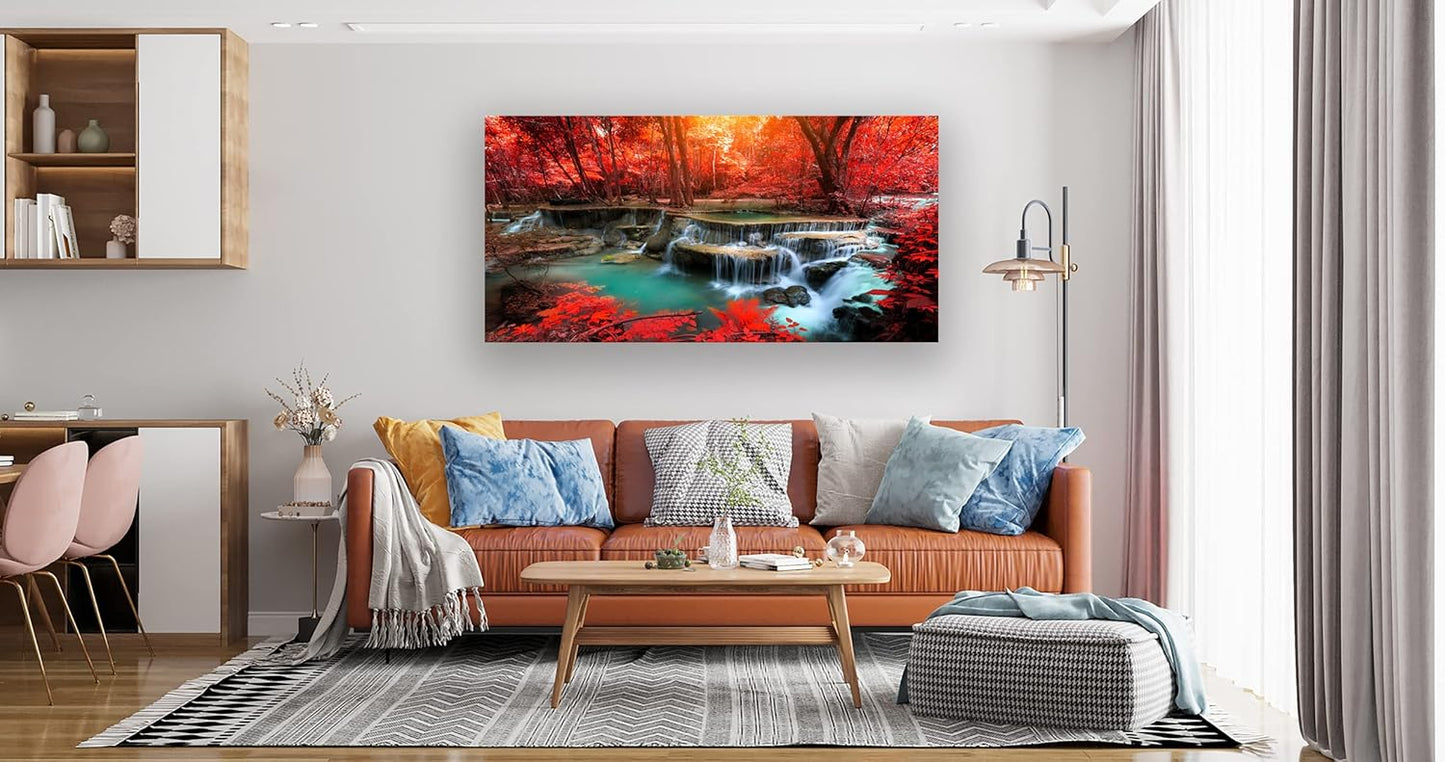 Muolunna BK03962 Wall Art Decor Canvas Print Picture Red Forest Waterfalls 1 Piece Modern Landscape Tree for Living Room Bedroom Kitchen Office Home Decorations Stretched and Framed Ready to Hang