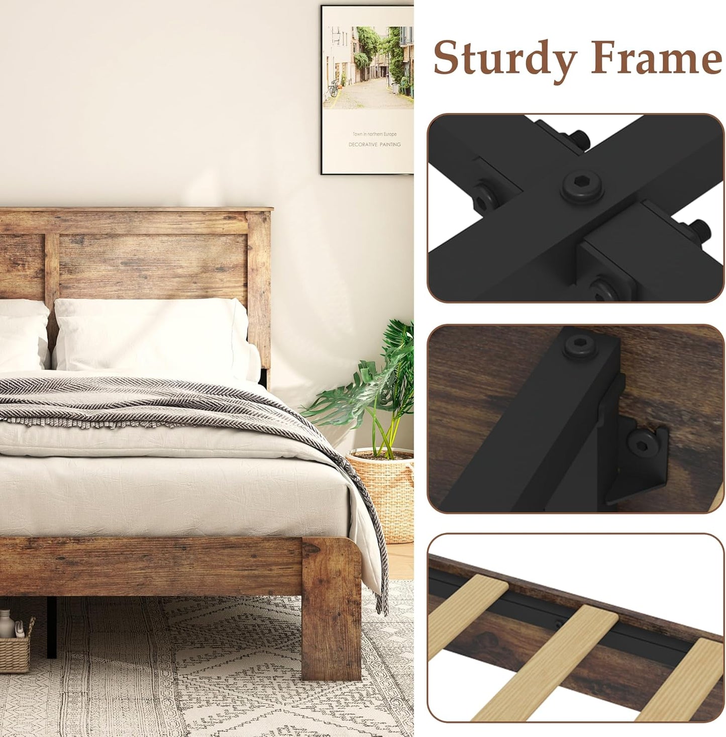 Wood Platform Bed Frame, Queen Size Bed Frame with Headboard and Wood Slat Support, Easy Assembly, No Box Spring Needed, Dark Brown