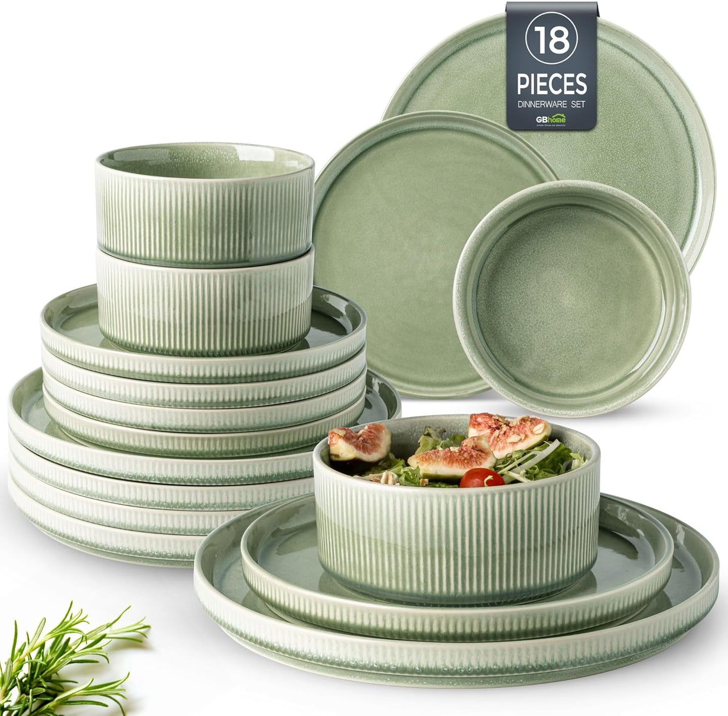 GBHOME Stoneware Dinnerware Sets for 6,Round Reactive Glaze Ceramic Plates and Bowls Set,Highly Scratch Resistant | Dishwasher & Microwave Safe Dishes Set,Service for 6(18Pcs)
