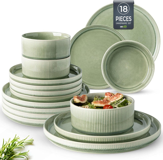 GBHOME Stoneware Dinnerware Sets for 6,Round Reactive Glaze Ceramic Plates and Bowls Set,Highly Scratch Resistant | Dishwasher & Microwave Safe Dishes Set,Service for 6(18Pcs)
