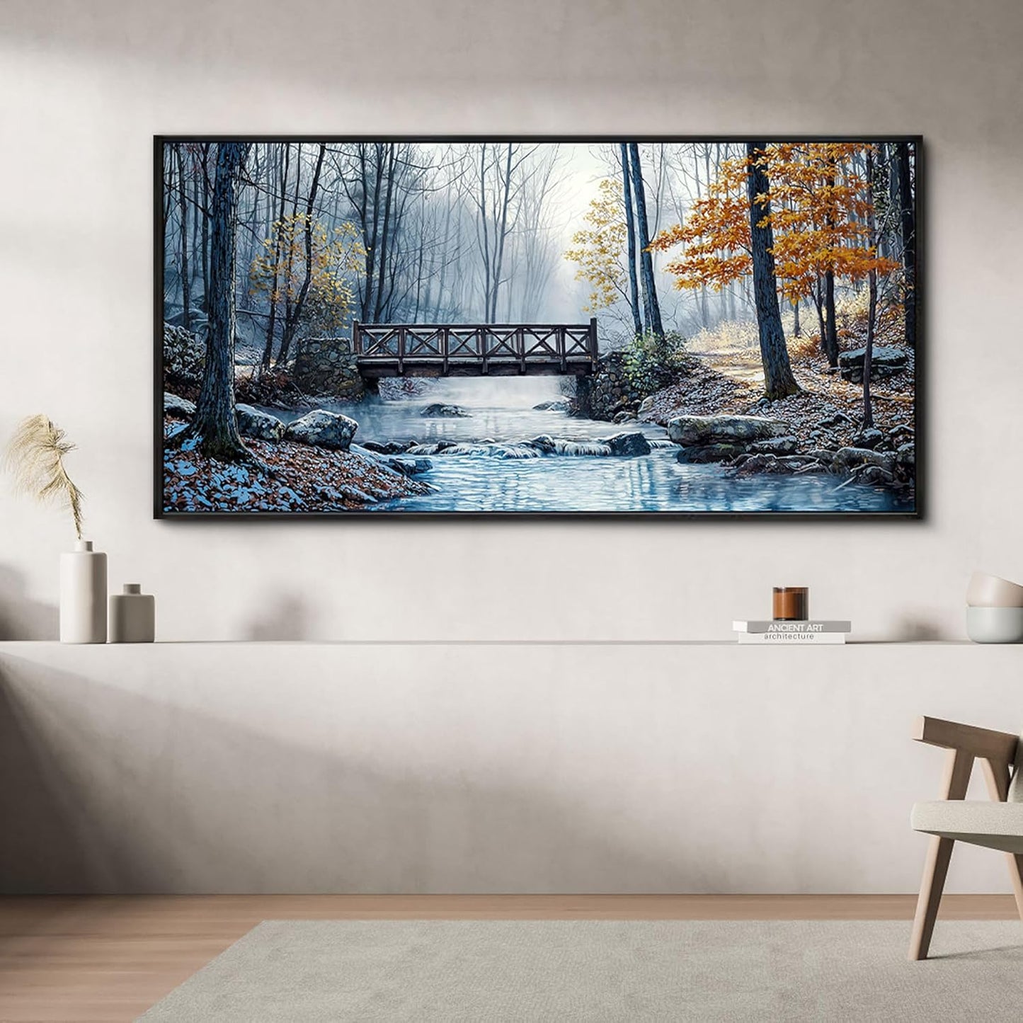 yiijeah Extra Large Living Room Wall Art - Modern Wall Decor for Bedroom Office Decor Mountain Forest Landscapes Village Bridge Painting Framed Canvas Prints Ready to Hang Wall Pictures Home Decor