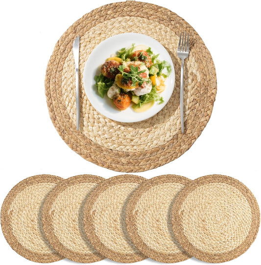 6PC 15-inch Large Round Hand-Woven Natural Placemats | Boho Rustic Plate Charger Mats | Heat Resistant Table Place Mats for Dining Table