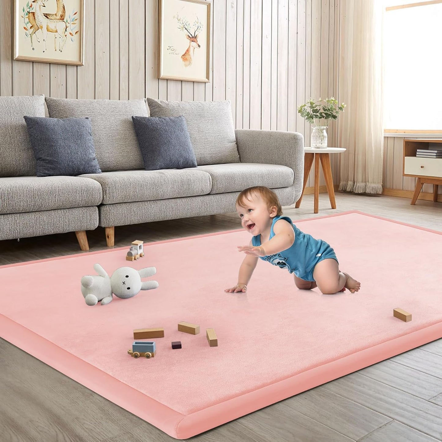 Baby Play Mat for Floor Tummy Time Mat Nursery Rug Muscle Area Rug Playroom Rug Tatami 74 * 50" Memory Foam 1.3" Thick Crawling For Babies,Toddlers, Infants, Kids,Floor(Pink)