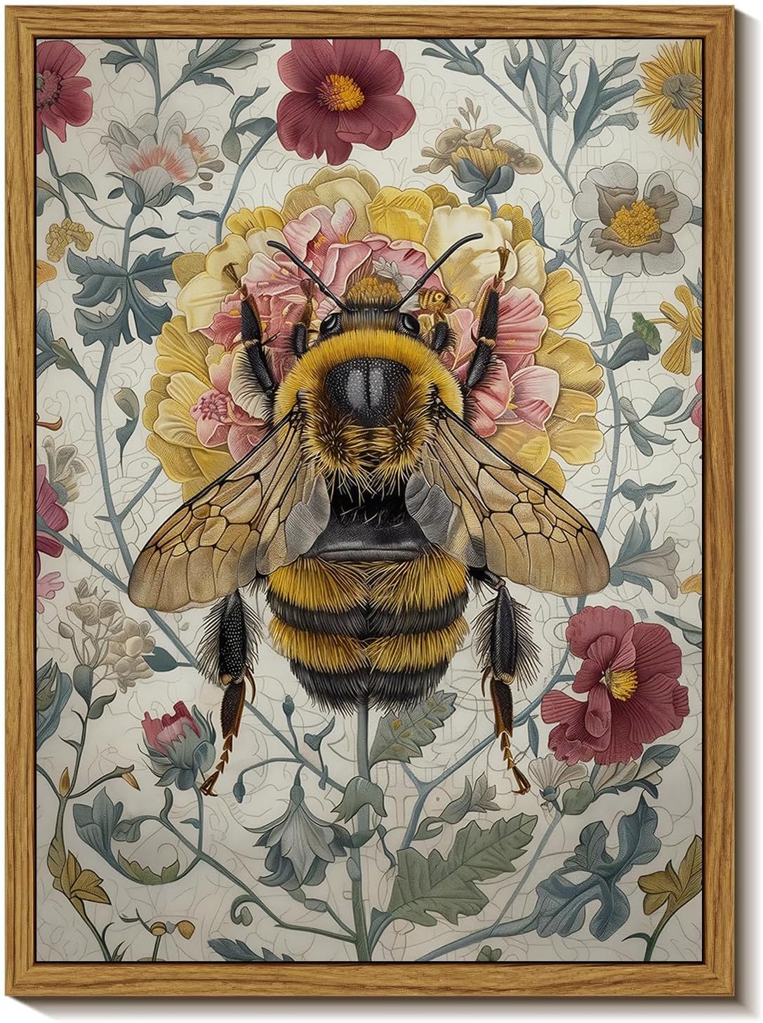 Djmwtb Framed Vintage Wall Art,Bee Wall Decor,Botanical Flower Wall Art,Nature Paintings Canvas Artwork Prints for Bedroom, Living Room 16x24in