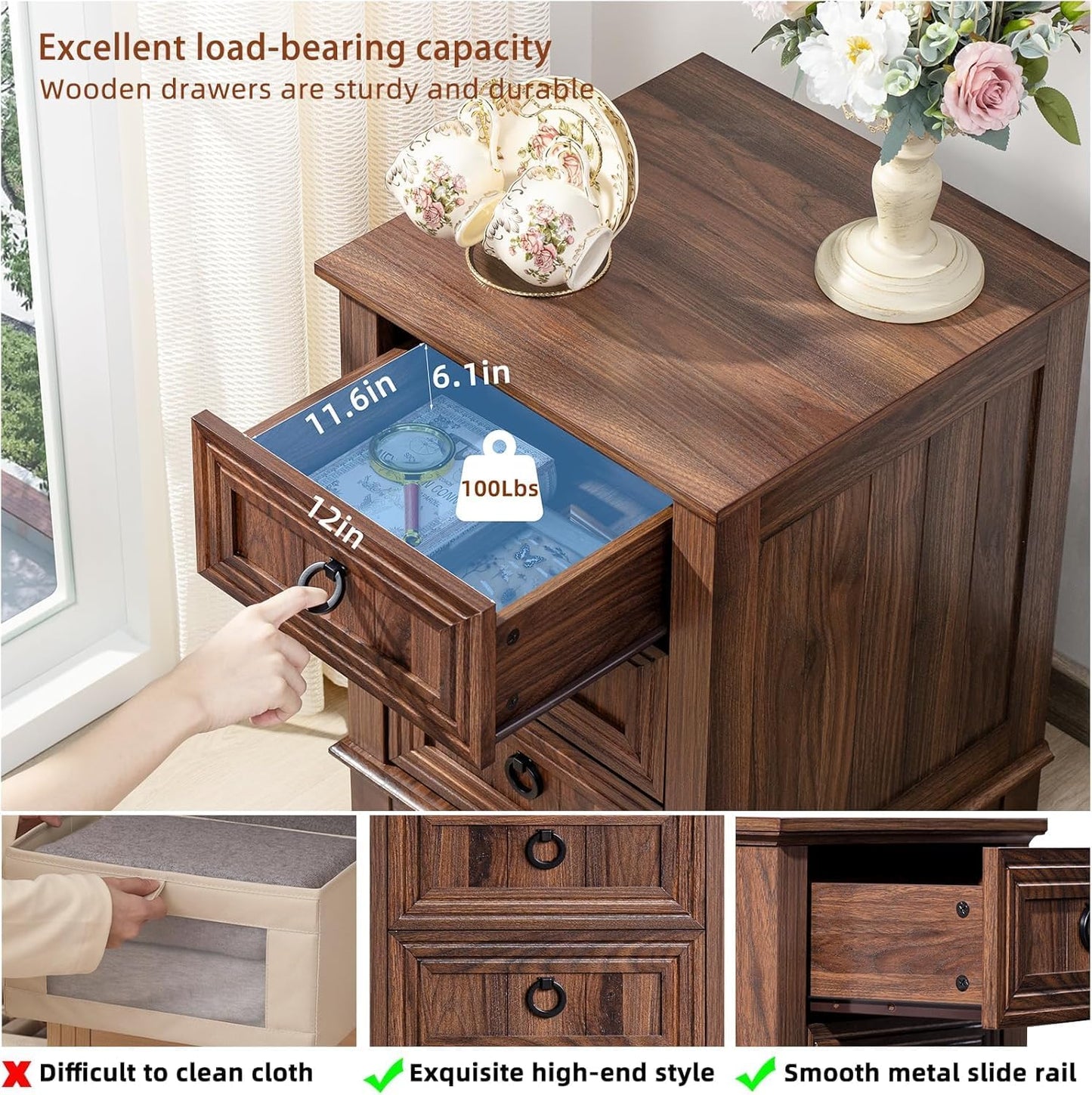 18" Farmhouse Night Stands Set of 2 with Charging Station, 2 & 3 Drawers End Table Dresser for Bedroom, Brown Wooden Nightstand, Bed Side Table with Open Shelf, Bedside Cabinet for Living Room