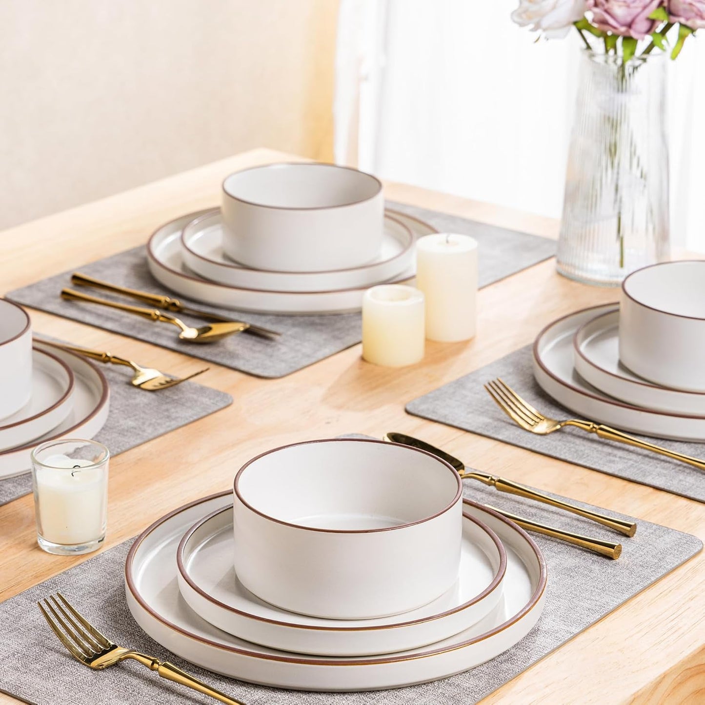 LERATIO Ceramic Dinnerware Sets for 4, High Edge Stoneware Plates and Bowls Set, Chip and Crack Resistant | Oven & Dishwasher & Microwave Safe Dishes Set, Service for 4 -Vanilla White