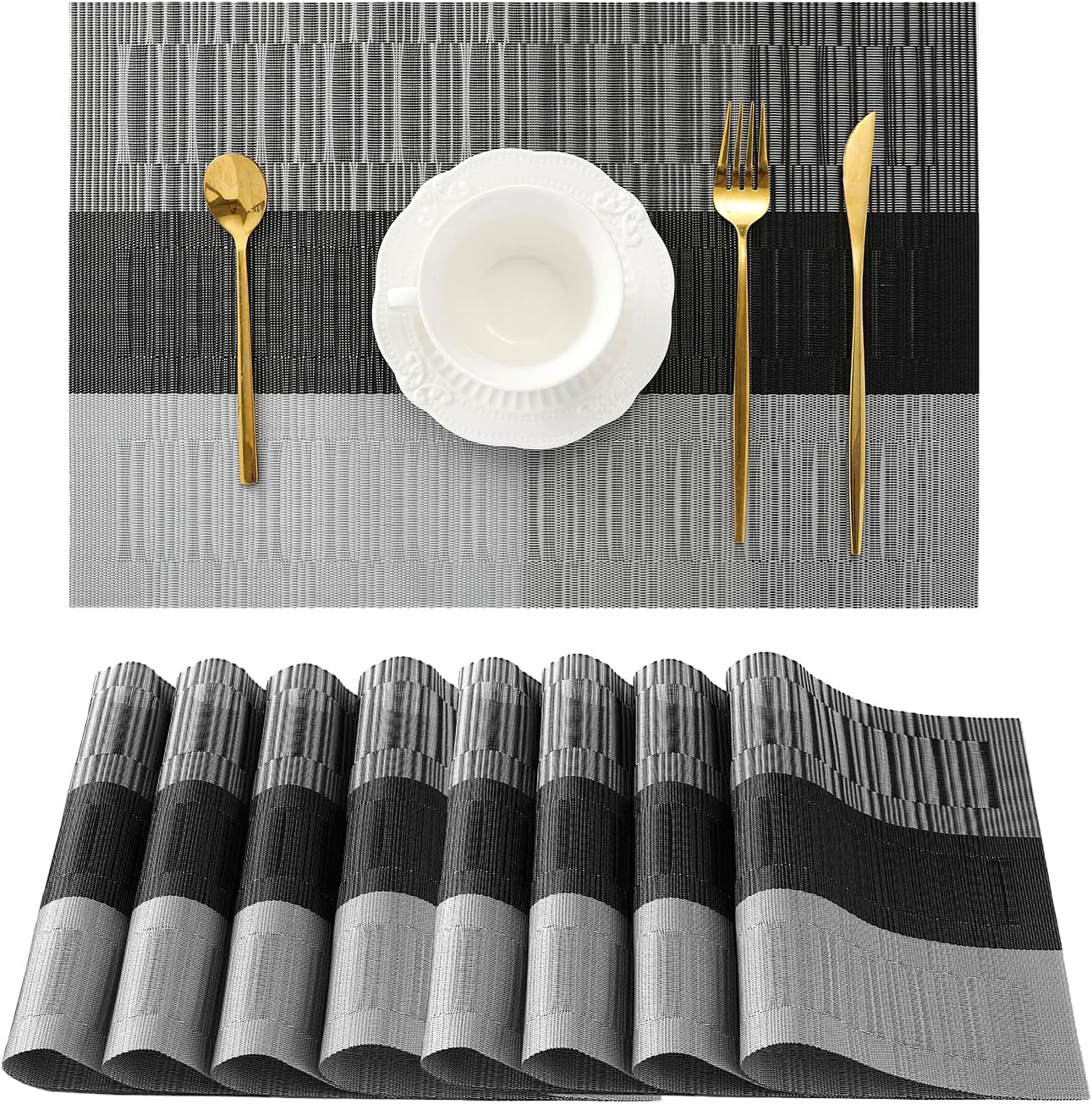 Leetaltree Grey with White Striped Placemats Set of 8 - Heat Resistant Non-Slip Place mats for Dining Table, Washable Durable PVC Vinyl Woven Table Mats（Grey Stripe, 8）