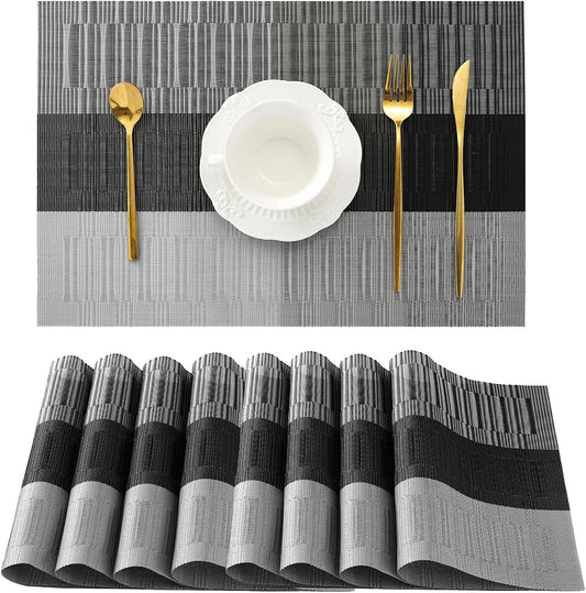 Leetaltree Grey with White Striped Placemats Set of 8 - Heat Resistant Non-Slip Place mats for Dining Table, Washable Durable PVC Vinyl Woven Table Mats（Grey Stripe, 8）